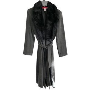 Merona Y2K Grey Wool Blend Faux Fur Collar Long Coat Small
